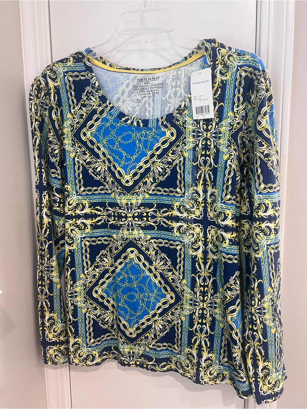 Hannah Navy Blue and Yellow Chain-Print Long-Sleeve Top